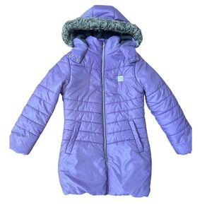 Calvin Klein Purple Iridescent Mid Length Puffer Jacket Faux Fur Large 12/14